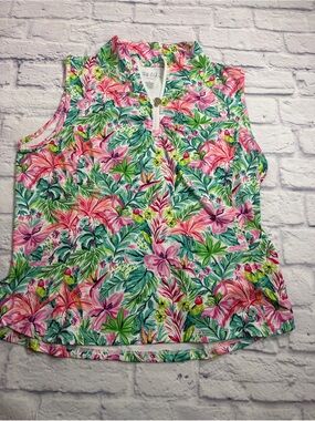 Stella Parker Sleeveless Tropical Print Polo -Pink/Green. Size L. Golf. Tennis.